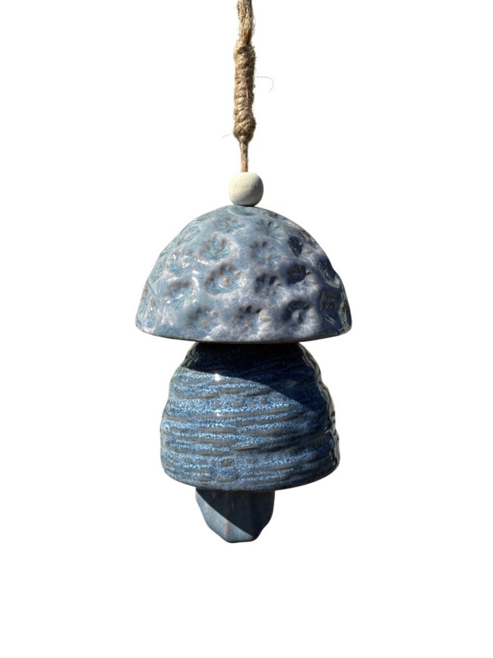 Ceramic Mushroom Wind Chime Blue With Floral Detail Twine Indoor Outdoor Use